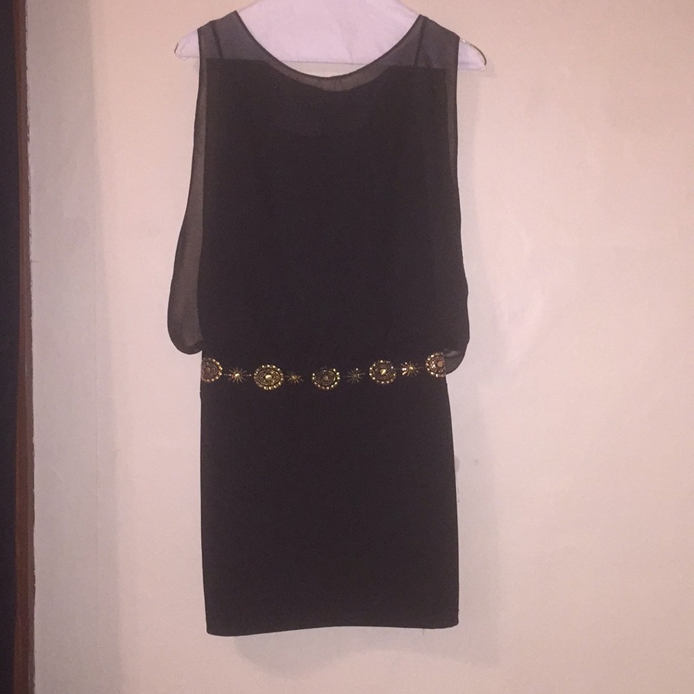 Black body con dress with sheer covering on top